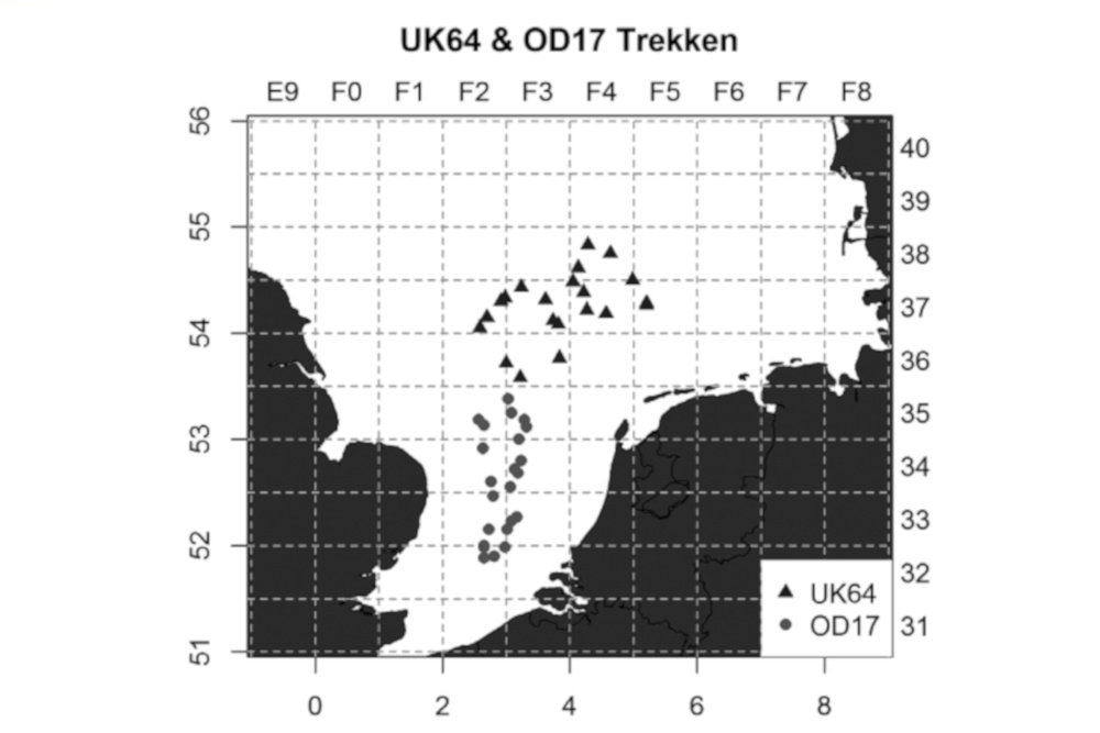De posities van de surveytrekken uitgevoerd door de OD 17 en UK 64 in 2018.